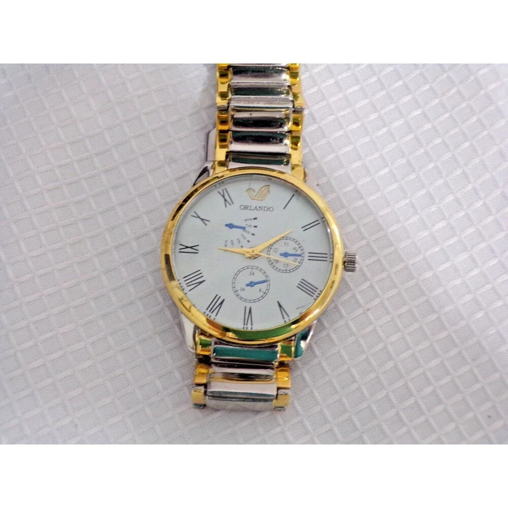 Omex Orlando Quartz Men's Wristwatch Silver & Gold Tone Dbl Folded Clasp Roman #